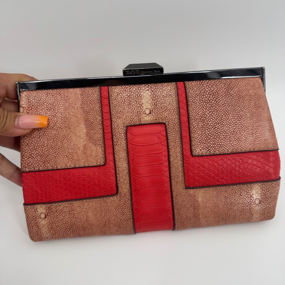 Rachel Rachel Roy Mixed Faux Stingray Croc Colorblock Clutch Bag Coral Tan